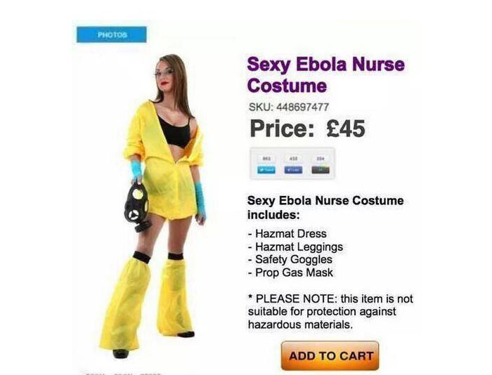 Bizar: Ebola Halloween zuster kostuum. Dit is echt bizar: voor Halloween zijn er zelfs Ebola kostuums. Lees hier alles over deze stunt. Shocking!