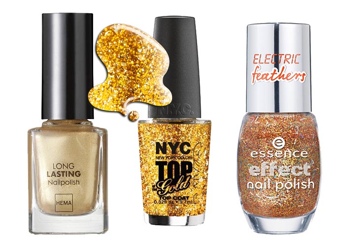 Gouden nagellak voor de feestdagen. Vier Oud & Nieuw met gouden nagellak van Essie, Hema, Nars of L'Oreal. Leuk voor je handen en voeten.