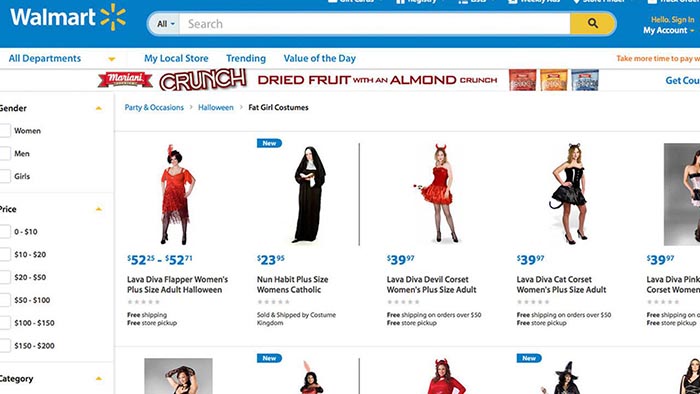 Walmart onder vuur door Halloween ‘Fat Girl Costumes’. Retailer Walmart zorgde voor veel commotie door Halloween ‘Fat Girl Costumes’. Lees hier.
